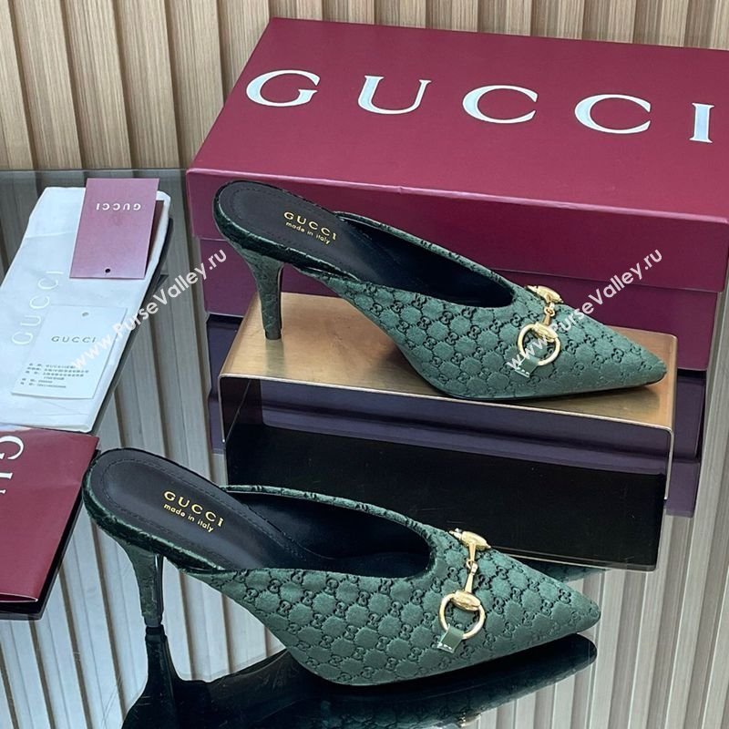 Gucci GG Velvet Heel Mules 8.5cm with Horsebit Green 2025 ‎835739 (MD-250828060)