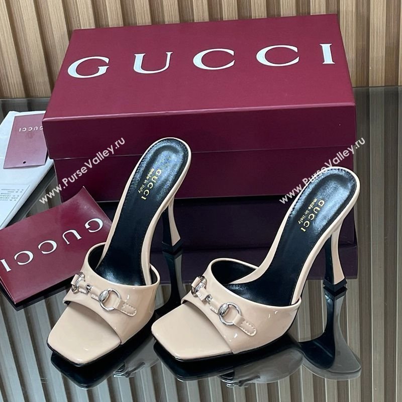 Gucci Patent Leather Heel Slides Sandal 9.5cm with Horsebit Nude 2025 832468 (SS-250828140)
