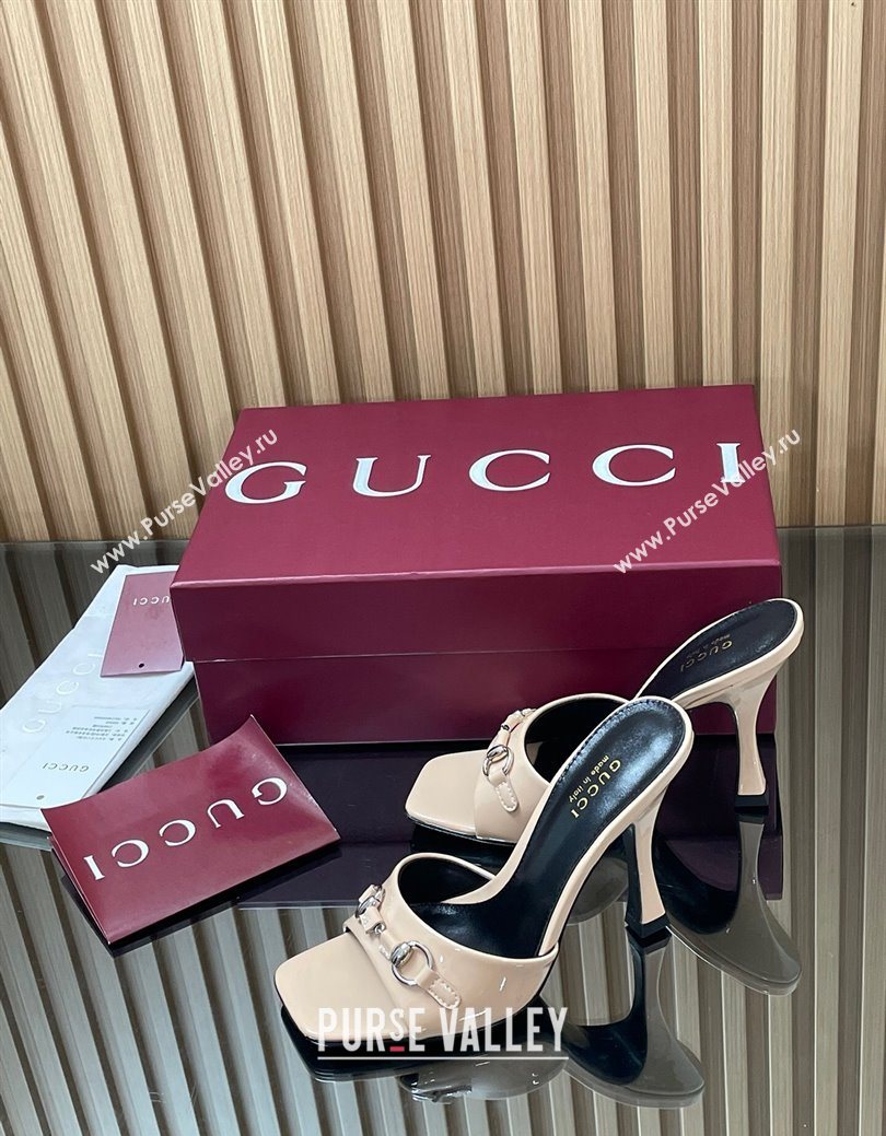 Gucci Patent Leather Heel Slides Sandal 9.5cm with Horsebit Nude 2025 832468 (SS-250828140)