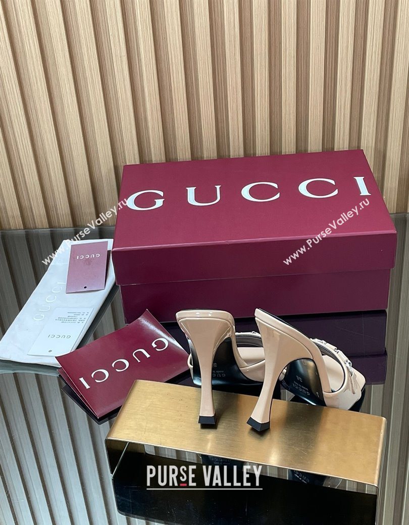 Gucci Patent Leather Heel Slides Sandal 9.5cm with Horsebit Nude 2025 832468 (SS-250828140)