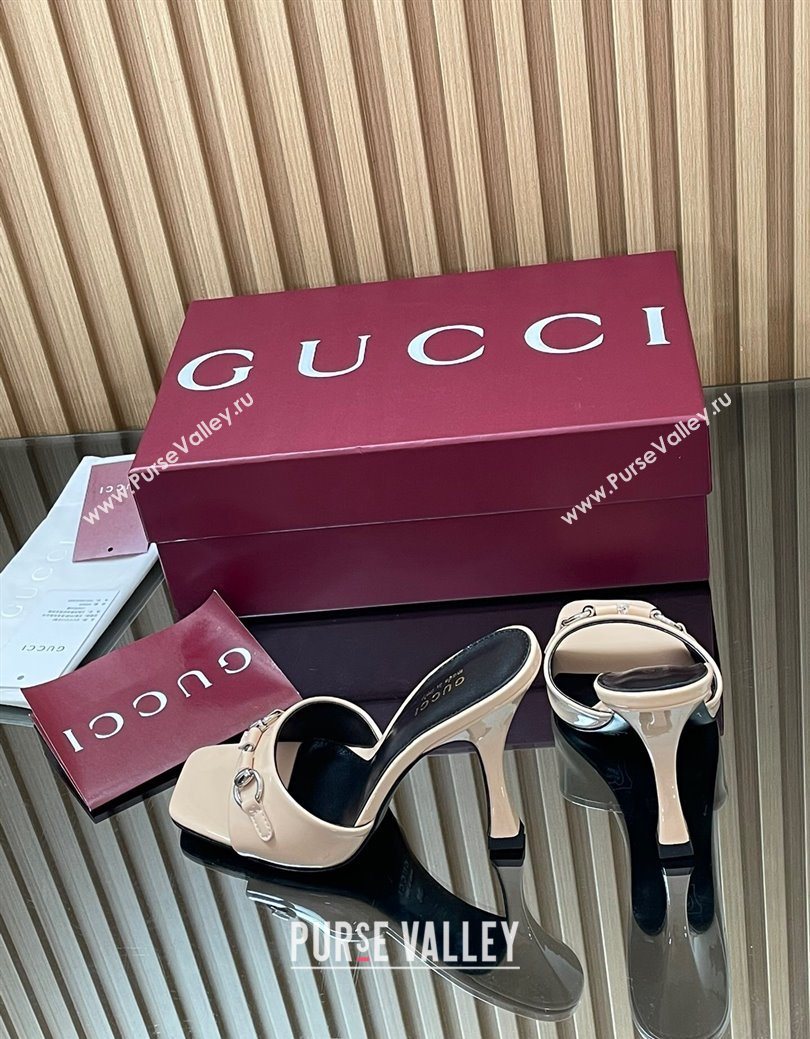 Gucci Patent Leather Heel Slides Sandal 9.5cm with Horsebit Nude 2025 832468 (SS-250828140)