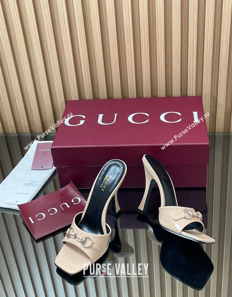 Gucci Patent Leather Heel Slides Sandal 9.5cm with Horsebit Nude 2025 832468 (SS-250828140)