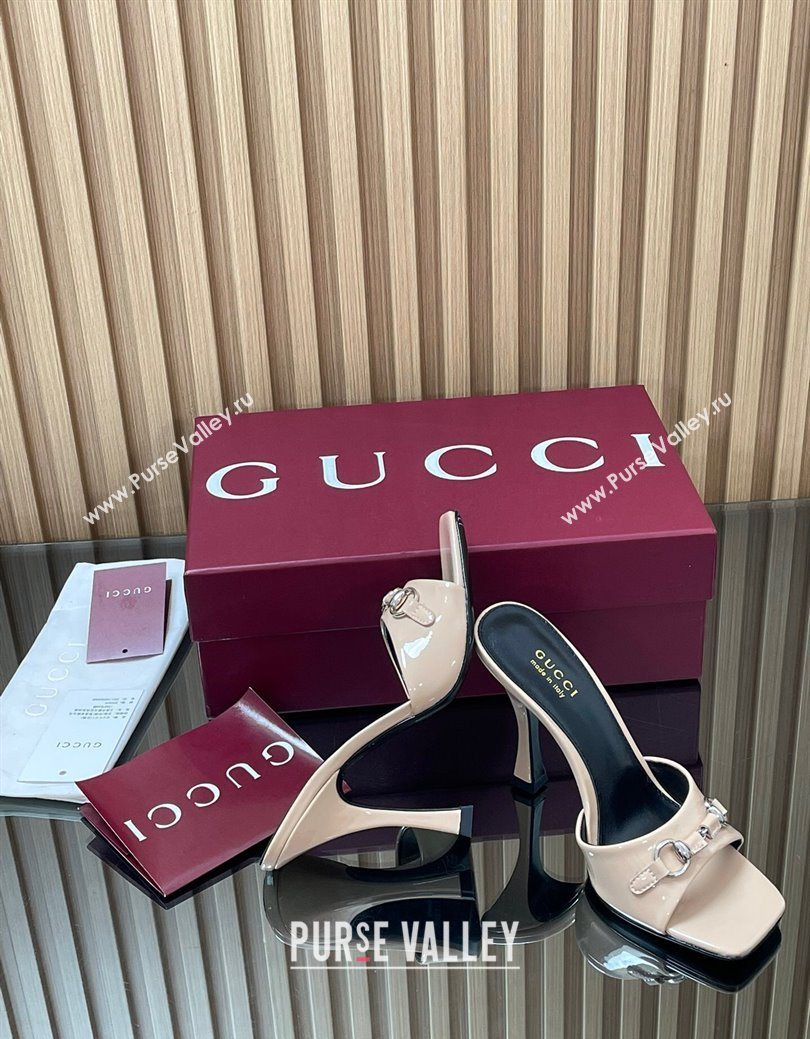 Gucci Patent Leather Heel Slides Sandal 9.5cm with Horsebit Nude 2025 832468 (SS-250828140)