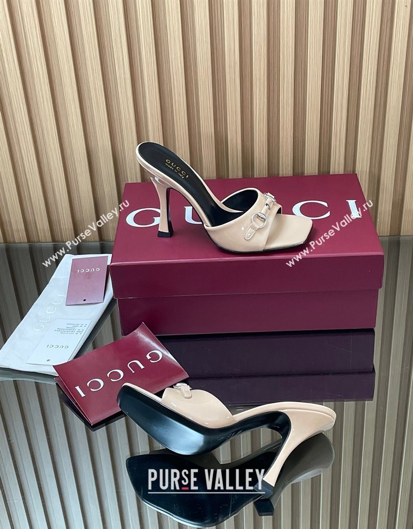 Gucci Patent Leather Heel Slides Sandal 9.5cm with Horsebit Nude 2025 832468 (SS-250828140)