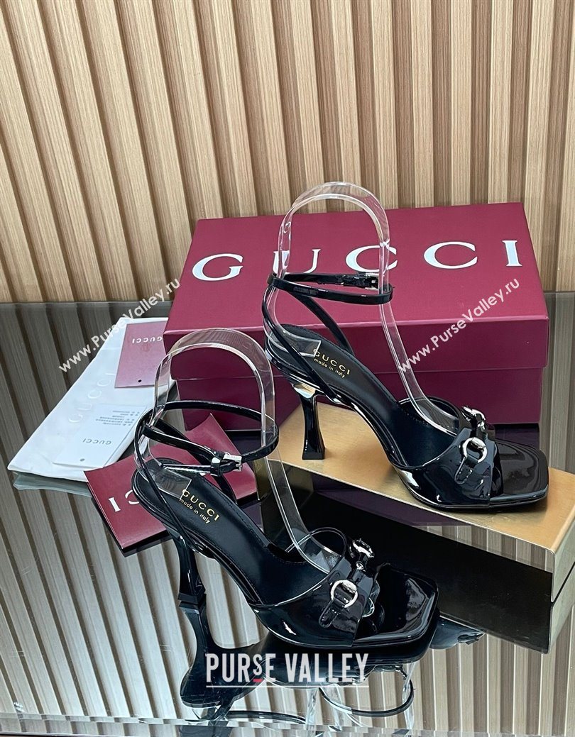 Gucci Patent Leather Heel Sandals 9.5cm with Horsebit Black 2025 832468 (SS-250828141)