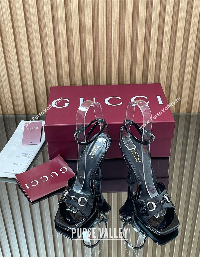 Gucci Patent Leather Heel Sandals 9.5cm with Horsebit Black 2025 832468 (SS-250828141)
