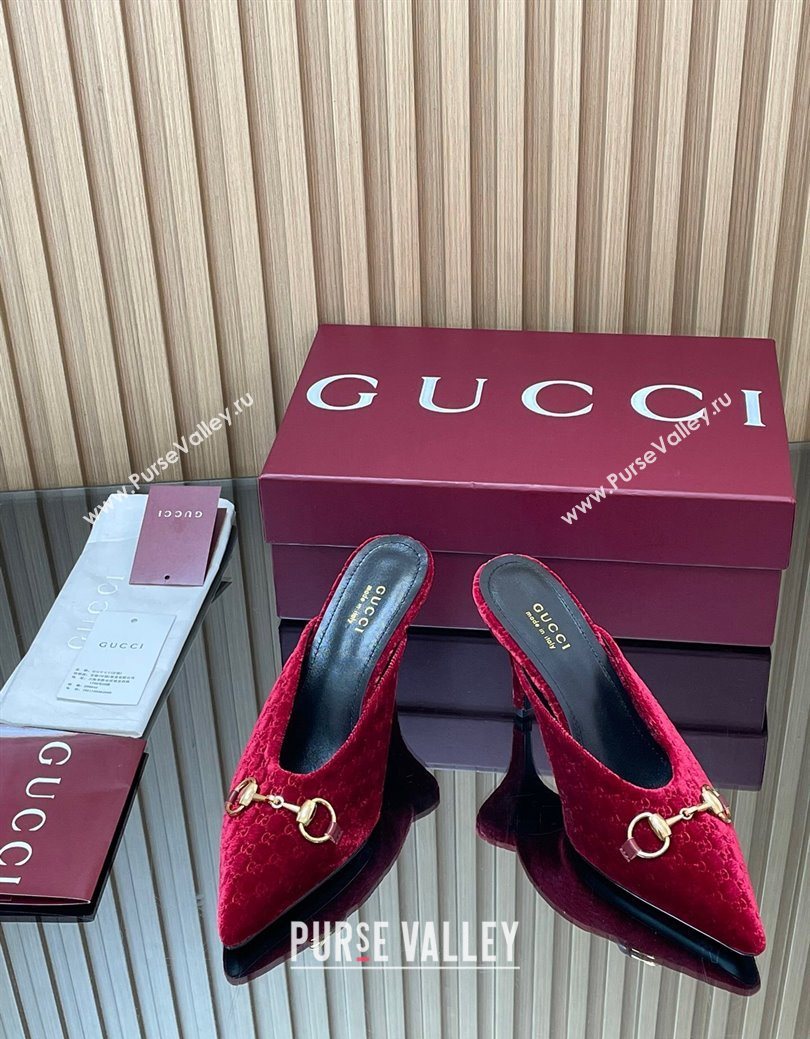 Gucci GG Velvet Heel Mules 8.5cm with Horsebit Red 2025 ‎835739 (MD-250828062)