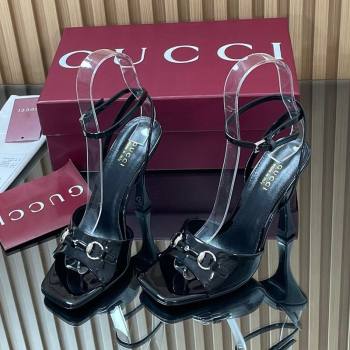 Gucci Patent Leather Heel Sandals 9.5cm with Horsebit Black 2025 832468 (SS-250828141)