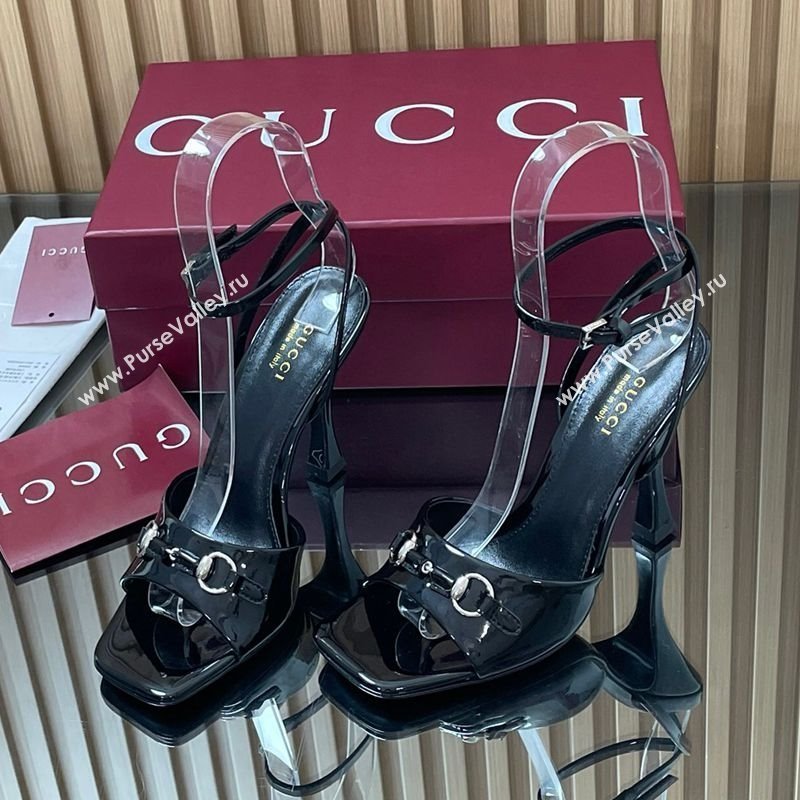 Gucci Patent Leather Heel Sandals 9.5cm with Horsebit Black 2025 832468 (SS-250828141)