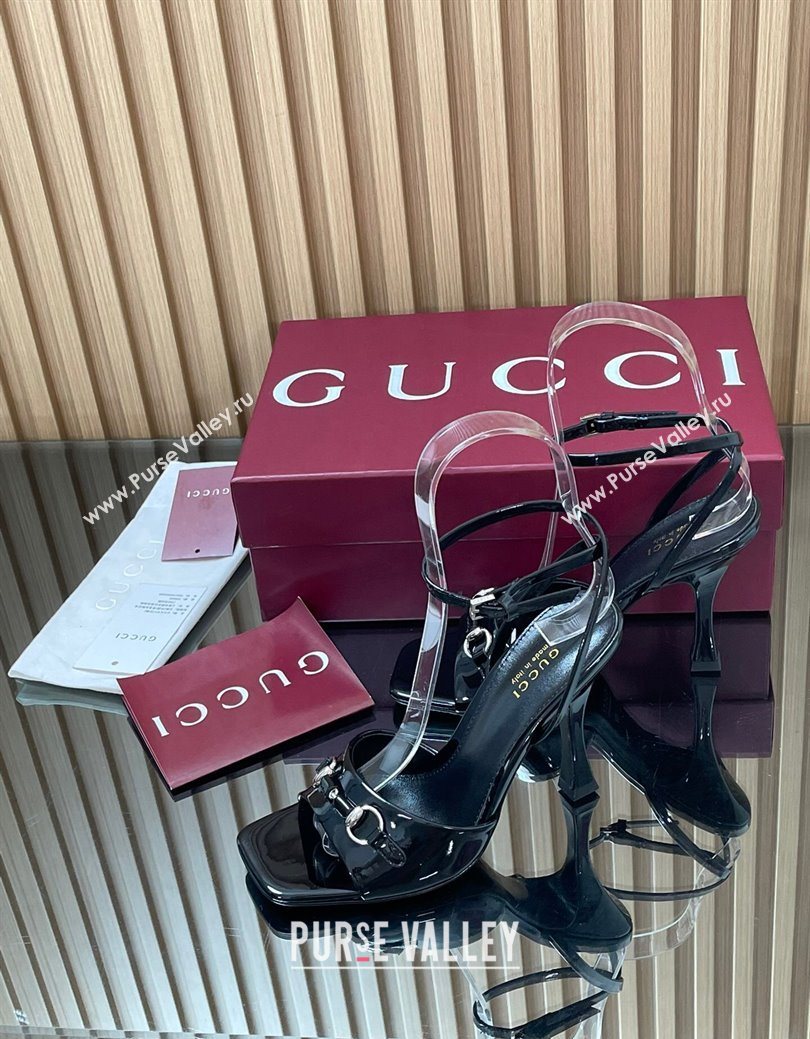 Gucci Patent Leather Heel Sandals 9.5cm with Horsebit Black 2025 832468 (SS-250828141)