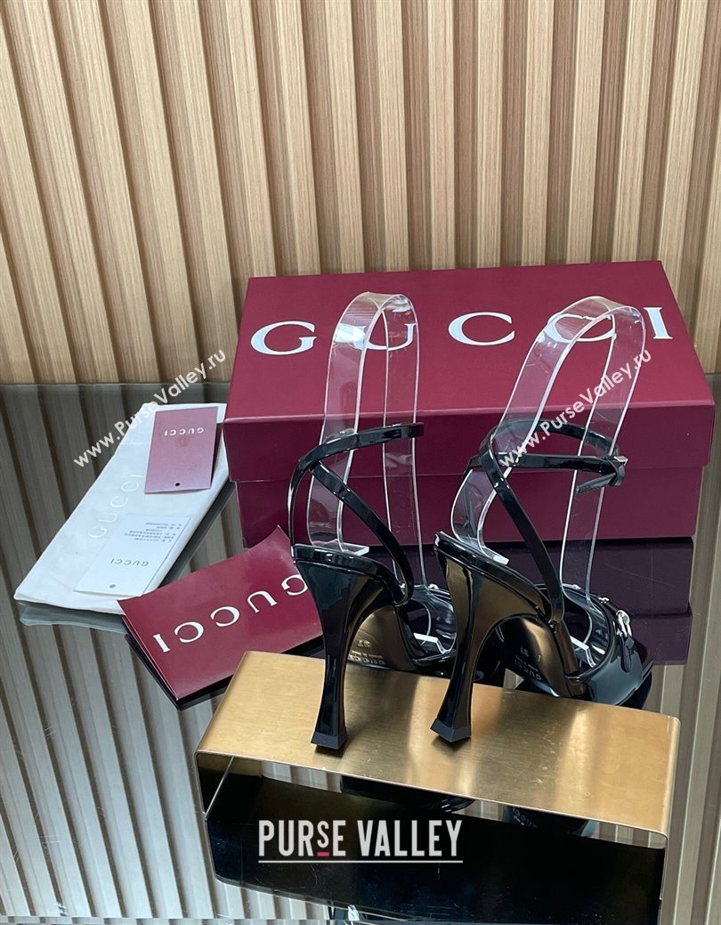 Gucci Patent Leather Heel Sandals 9.5cm with Horsebit Black 2025 832468 (SS-250828141)
