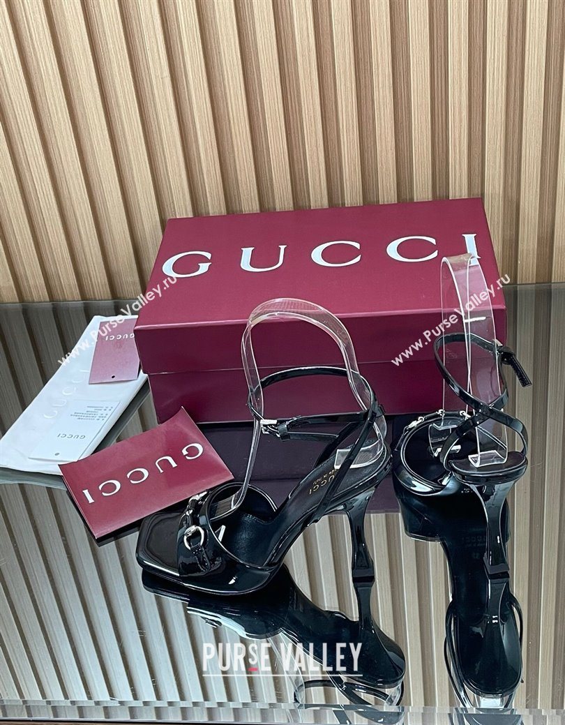 Gucci Patent Leather Heel Sandals 9.5cm with Horsebit Black 2025 832468 (SS-250828141)