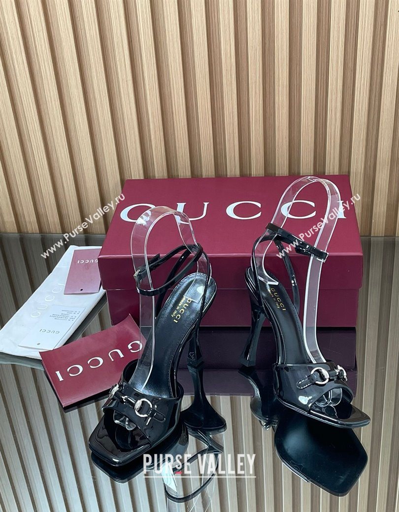 Gucci Patent Leather Heel Sandals 9.5cm with Horsebit Black 2025 832468 (SS-250828141)