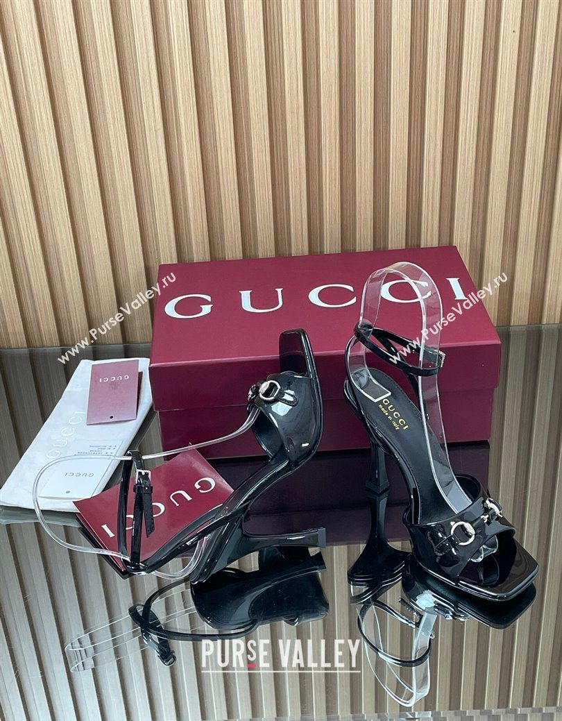 Gucci Patent Leather Heel Sandals 9.5cm with Horsebit Black 2025 832468 (SS-250828141)