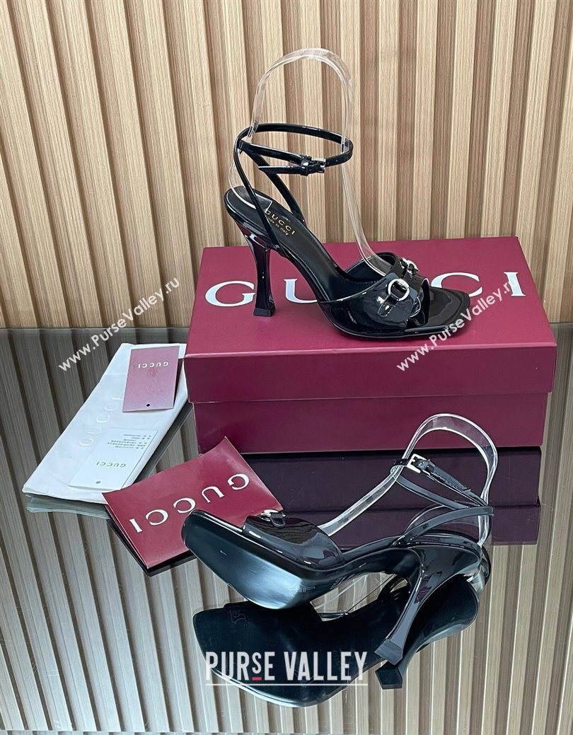 Gucci Patent Leather Heel Sandals 9.5cm with Horsebit Black 2025 832468 (SS-250828141)
