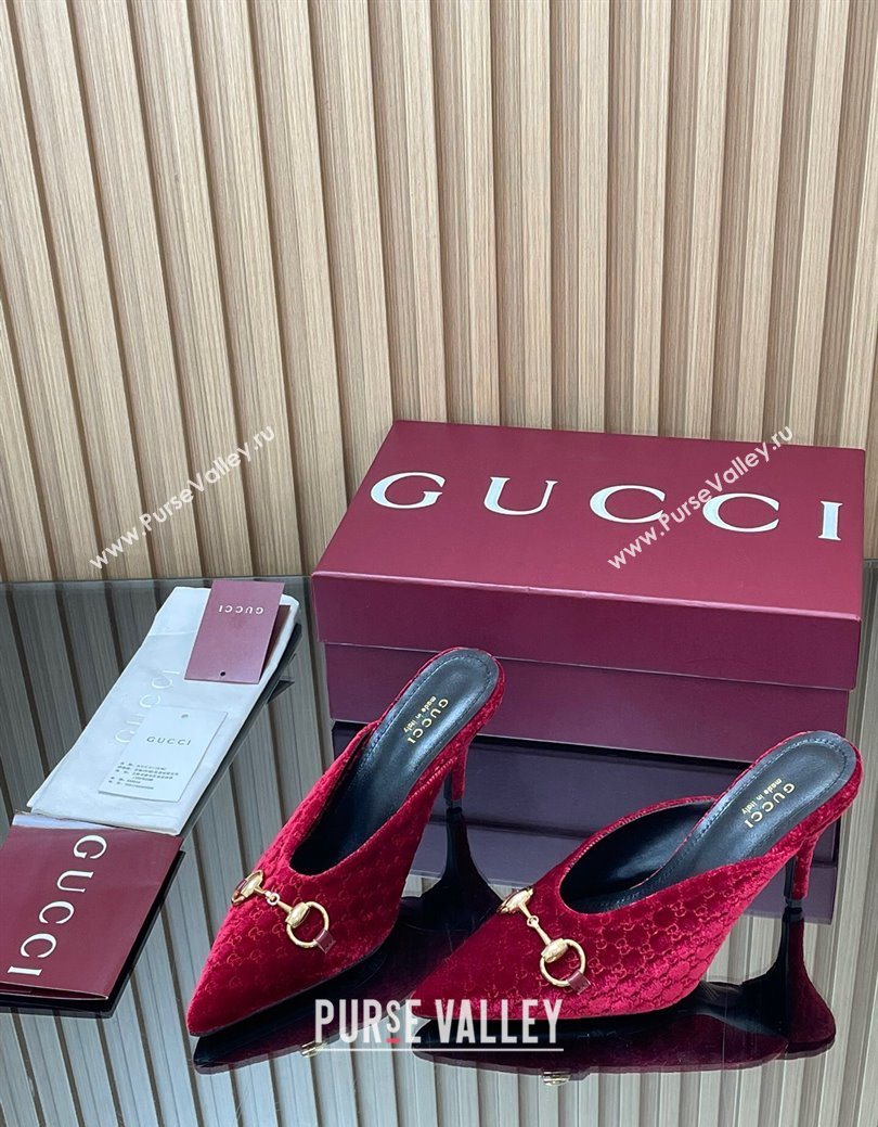 Gucci GG Velvet Heel Mules 8.5cm with Horsebit Red 2025 ‎835739 (MD-250828062)