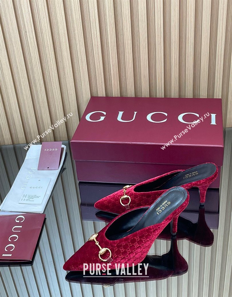 Gucci GG Velvet Heel Mules 8.5cm with Horsebit Red 2025 ‎835739 (MD-250828062)