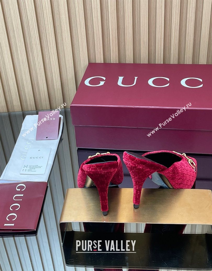 Gucci GG Velvet Heel Mules 8.5cm with Horsebit Red 2025 ‎835739 (MD-250828062)