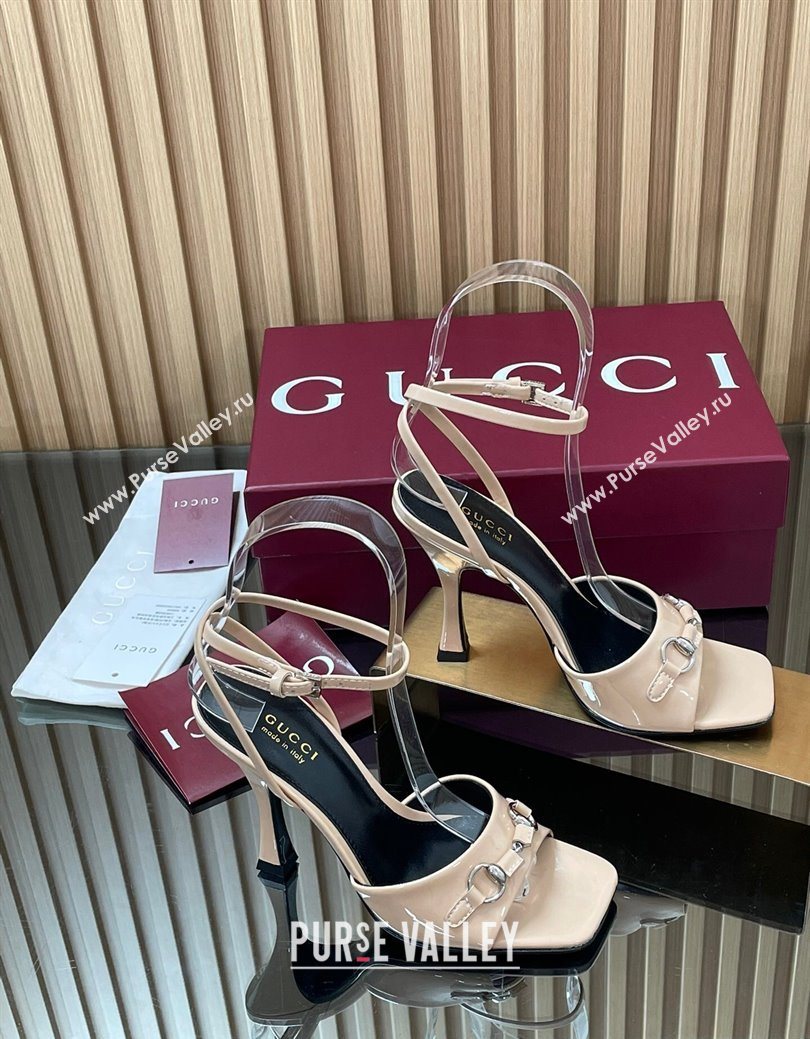 Gucci Patent Leather Heel Sandals 9.5cm with Horsebit Nude 2025 832468 (SS-250828146)