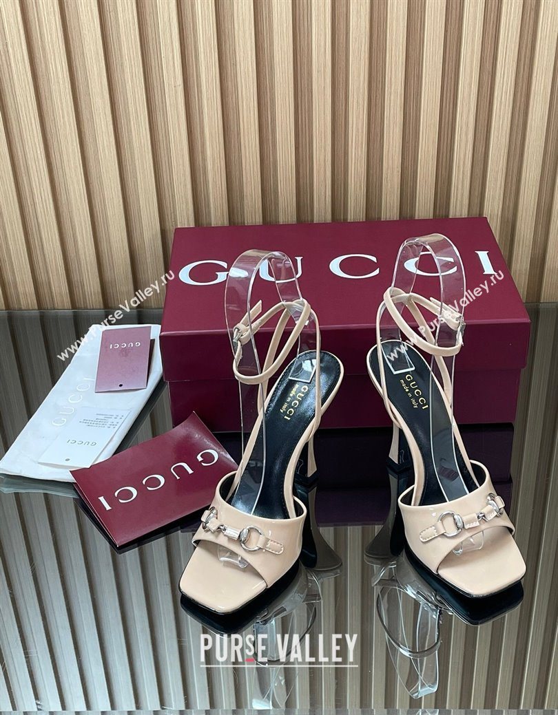 Gucci Patent Leather Heel Sandals 9.5cm with Horsebit Nude 2025 832468 (SS-250828146)