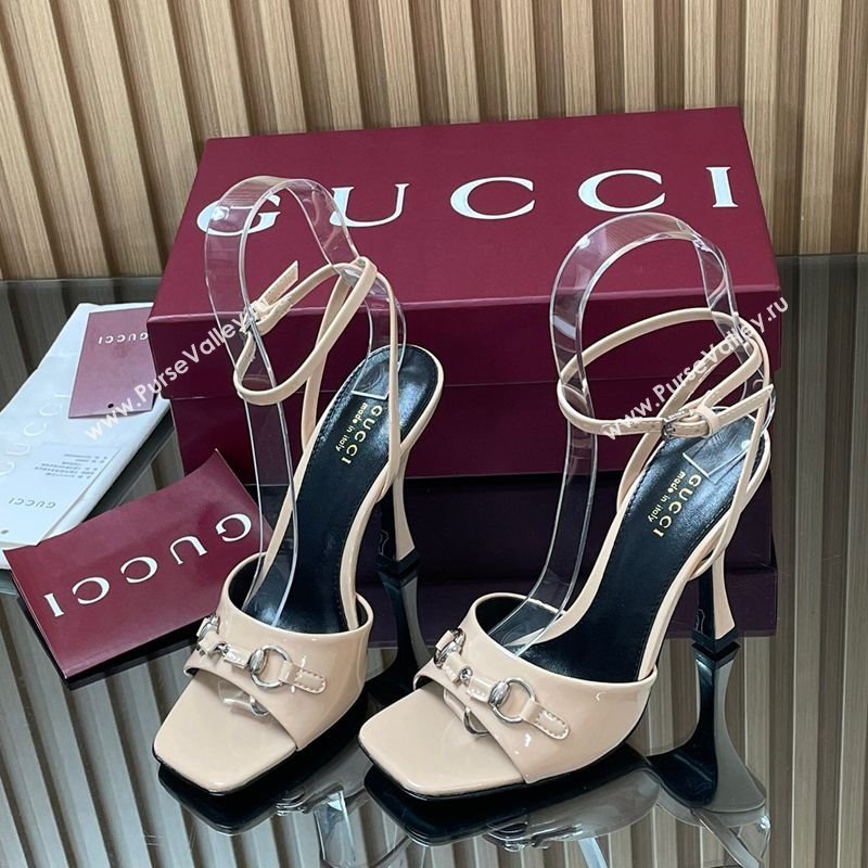 Gucci Patent Leather Heel Sandals 9.5cm with Horsebit Nude 2025 832468 (SS-250828146)