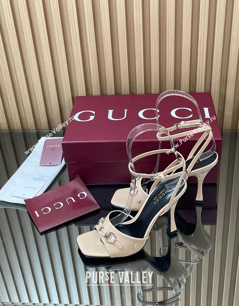 Gucci Patent Leather Heel Sandals 9.5cm with Horsebit Nude 2025 832468 (SS-250828145)
