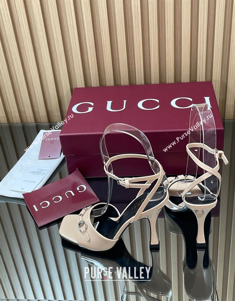 Gucci Patent Leather Heel Sandals 9.5cm with Horsebit Nude 2025 832468 (SS-250828145)