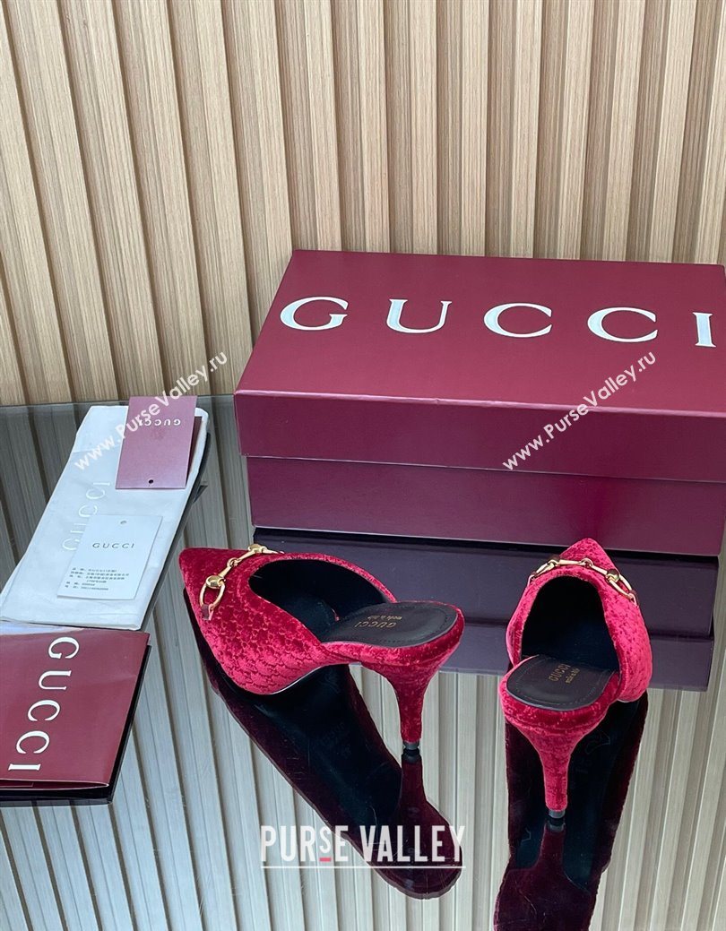 Gucci GG Velvet Heel Mules 8.5cm with Horsebit Red 2025 ‎835739 (MD-250828062)
