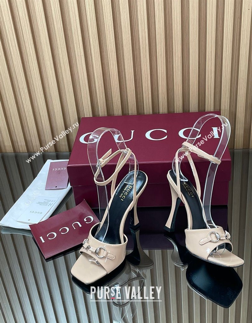 Gucci Patent Leather Heel Sandals 9.5cm with Horsebit Nude 2025 832468 (SS-250828145)