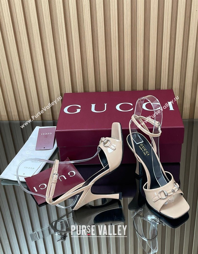 Gucci Patent Leather Heel Sandals 9.5cm with Horsebit Nude 2025 832468 (SS-250828146)
