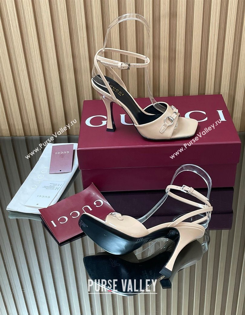 Gucci Patent Leather Heel Sandals 9.5cm with Horsebit Nude 2025 832468 (SS-250828146)