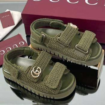 Gucci Cotton Crochet Strap Flat Sandals with Double G Dark Green 2025 ‎835086 (KL-250828147)