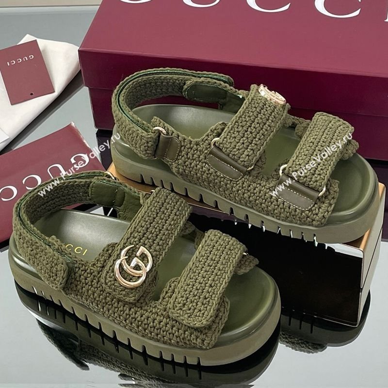 Gucci Cotton Crochet Strap Flat Sandals with Double G Dark Green 2025 ‎835086 (KL-250828147)