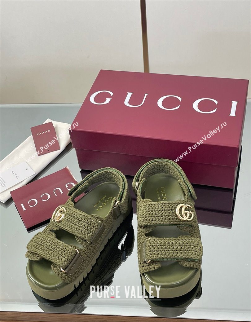 Gucci Cotton Crochet Strap Flat Sandals with Double G Dark Green 2025 ‎835086 (KL-250828147)