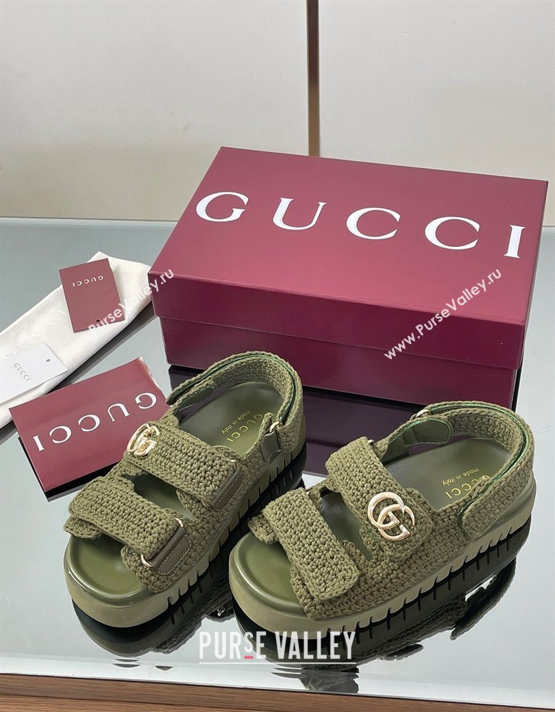 Gucci Cotton Crochet Strap Flat Sandals with Double G Dark Green 2025 ‎835086 (KL-250828147)