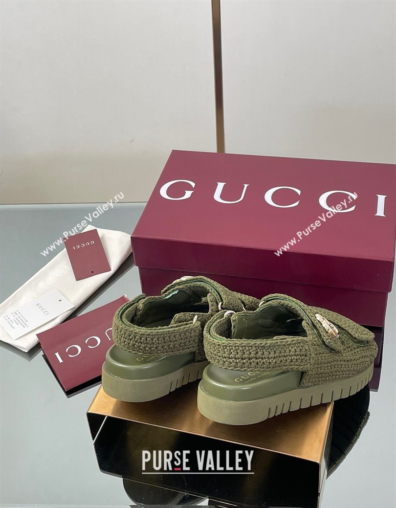 Gucci Cotton Crochet Strap Flat Sandals with Double G Dark Green 2025 ‎835086 (KL-250828147)