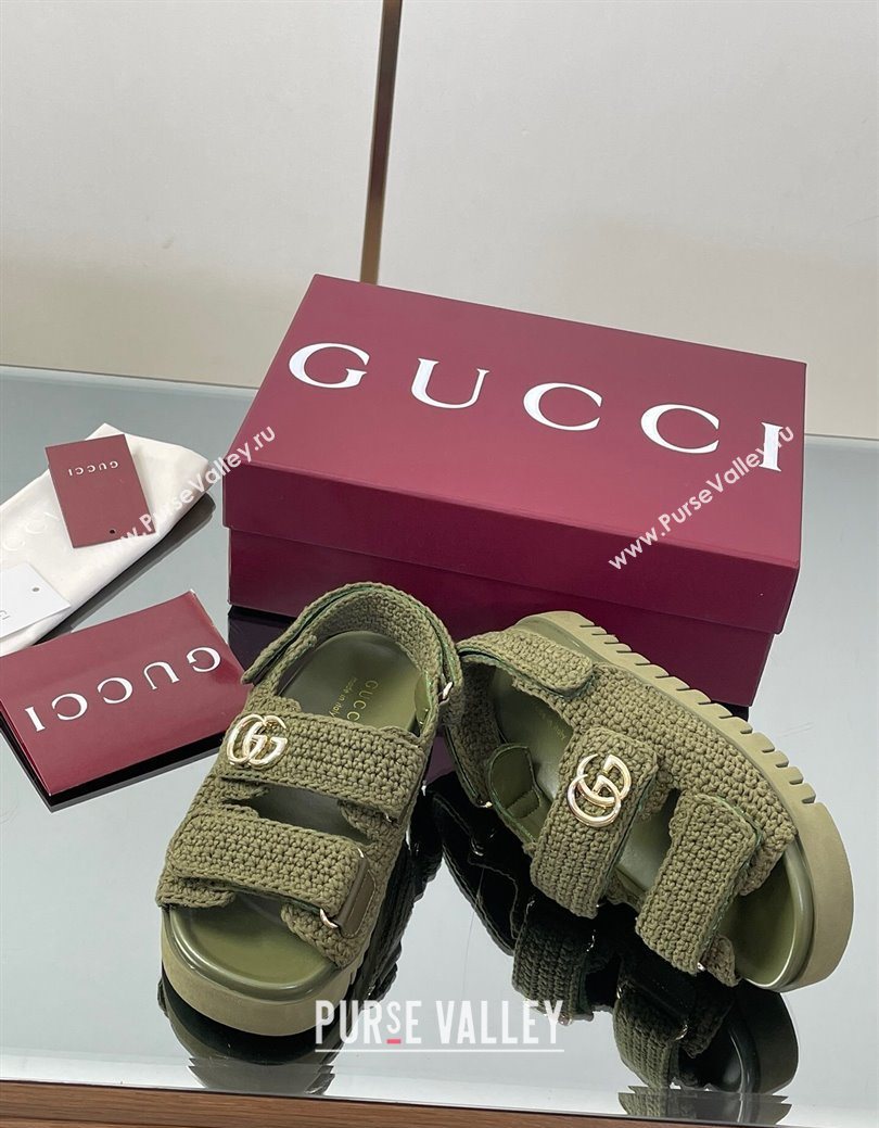 Gucci Cotton Crochet Strap Flat Sandals with Double G Dark Green 2025 ‎835086 (KL-250828147)