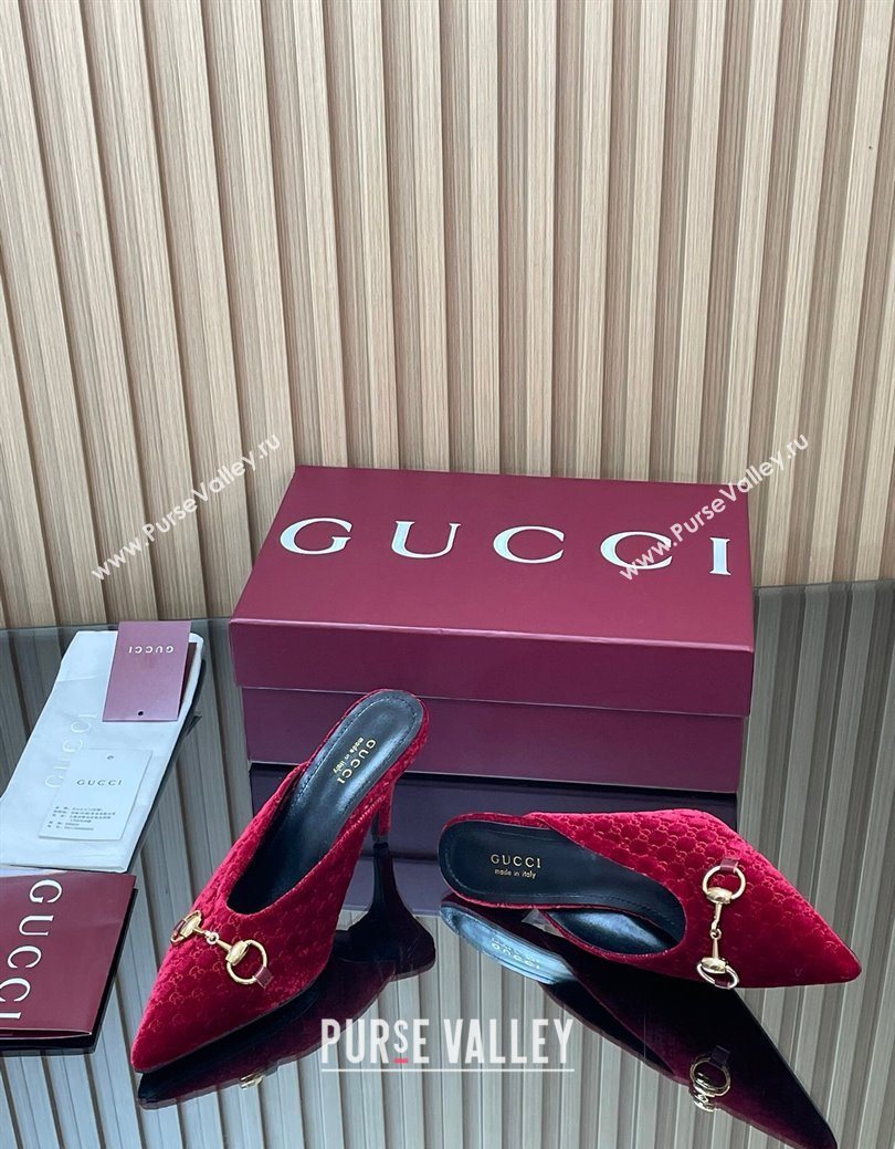 Gucci GG Velvet Heel Mules 8.5cm with Horsebit Red 2025 ‎835739 (MD-250828062)