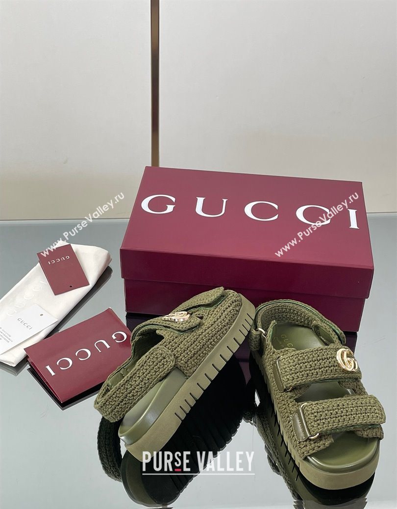 Gucci Cotton Crochet Strap Flat Sandals with Double G Dark Green 2025 ‎835086 (KL-250828147)