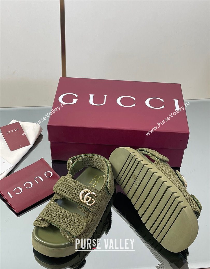 Gucci Cotton Crochet Strap Flat Sandals with Double G Dark Green 2025 ‎835086 (KL-250828147)