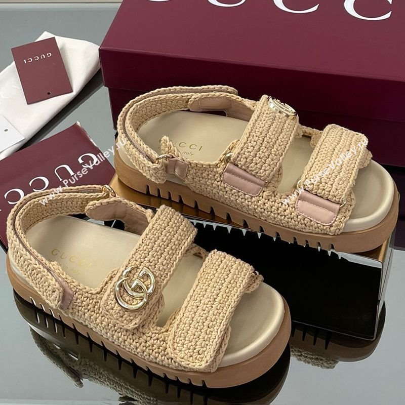 Gucci Cotton Crochet Strap Flat Sandals with Double G Beige 2025 ‎835086 (KL-250828148)