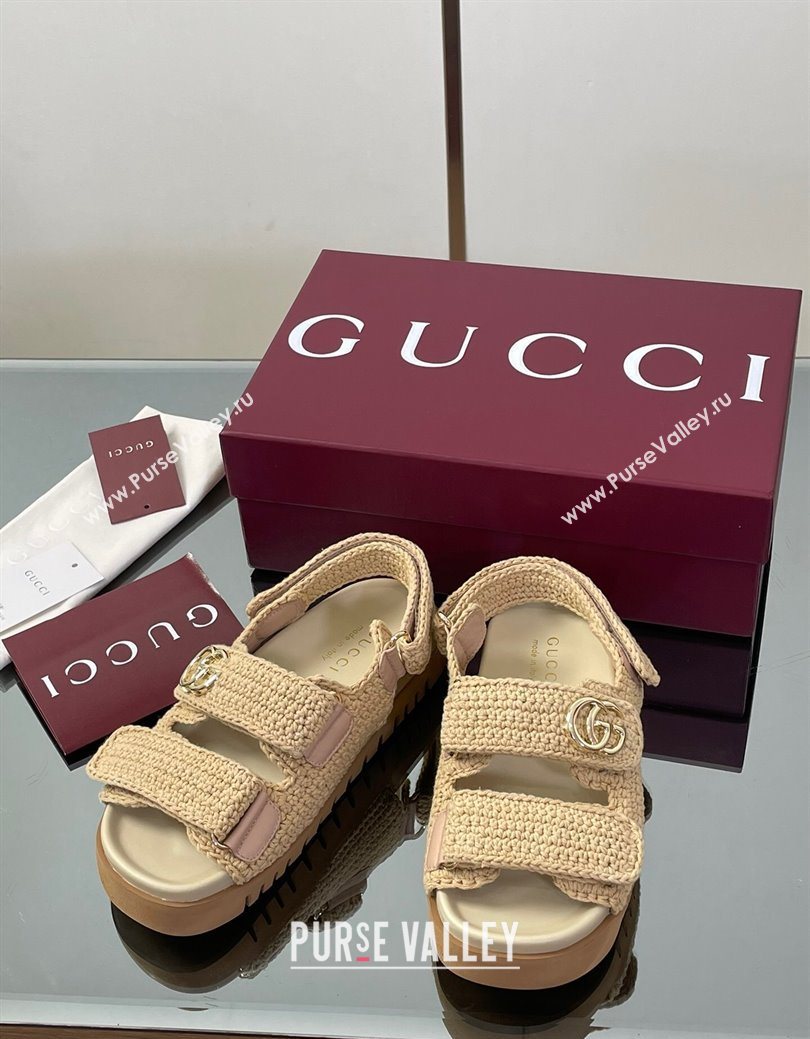Gucci Cotton Crochet Strap Flat Sandals with Double G Beige 2025 ‎835086 (KL-250828148)