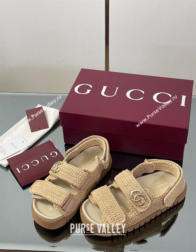 Gucci Cotton Crochet Strap Flat Sandals with Double G Beige 2025 ‎835086 (KL-250828148)