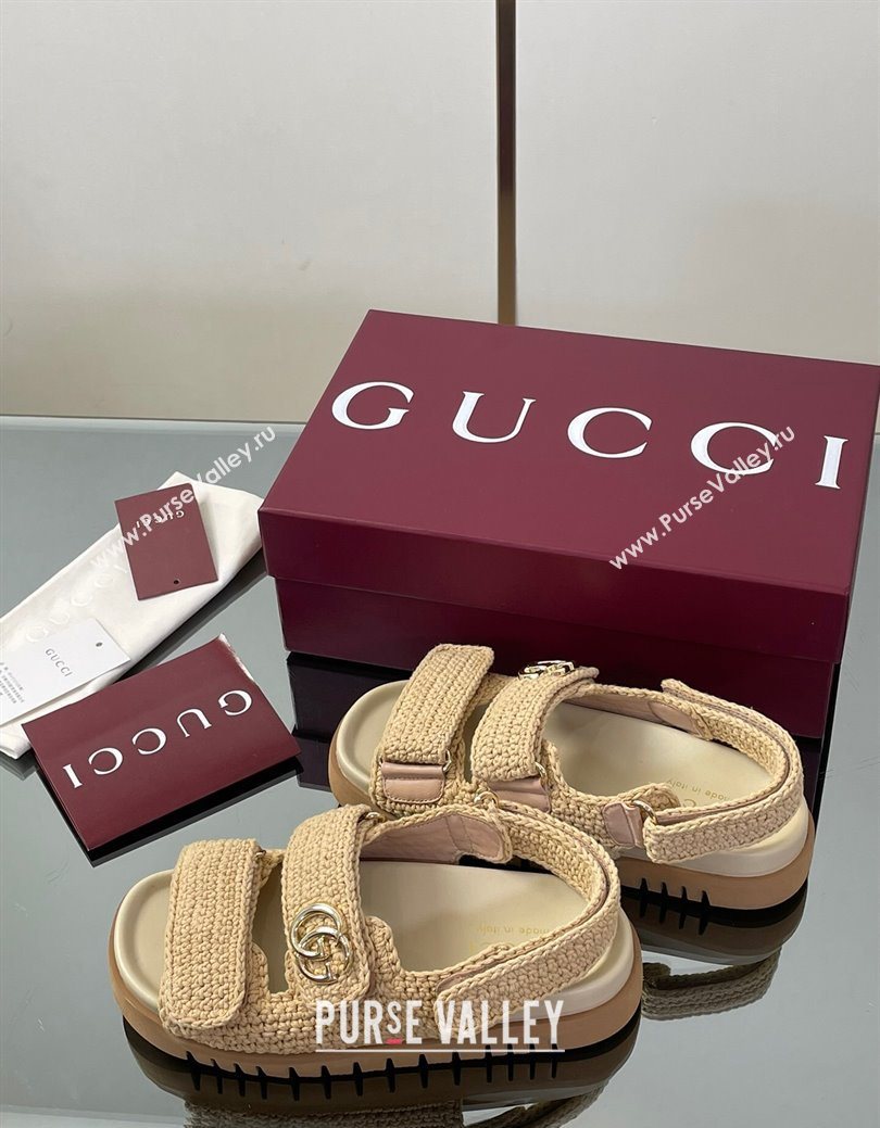 Gucci Cotton Crochet Strap Flat Sandals with Double G Beige 2025 ‎835086 (KL-250828148)