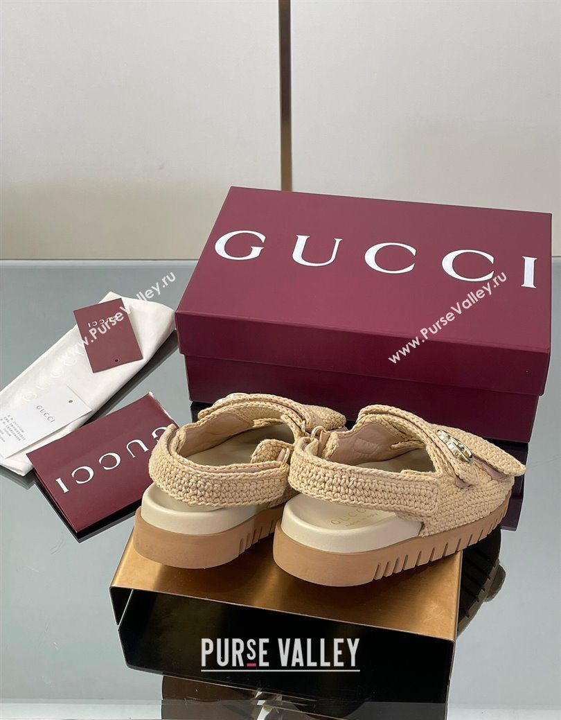 Gucci Cotton Crochet Strap Flat Sandals with Double G Beige 2025 ‎835086 (KL-250828148)