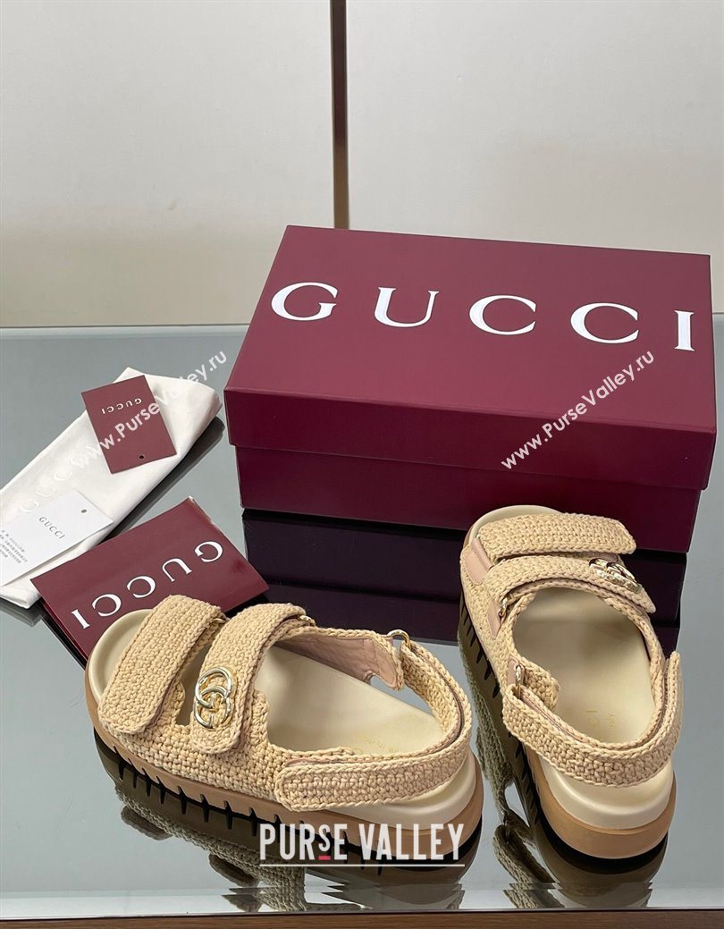Gucci Cotton Crochet Strap Flat Sandals with Double G Beige 2025 ‎835086 (KL-250828148)