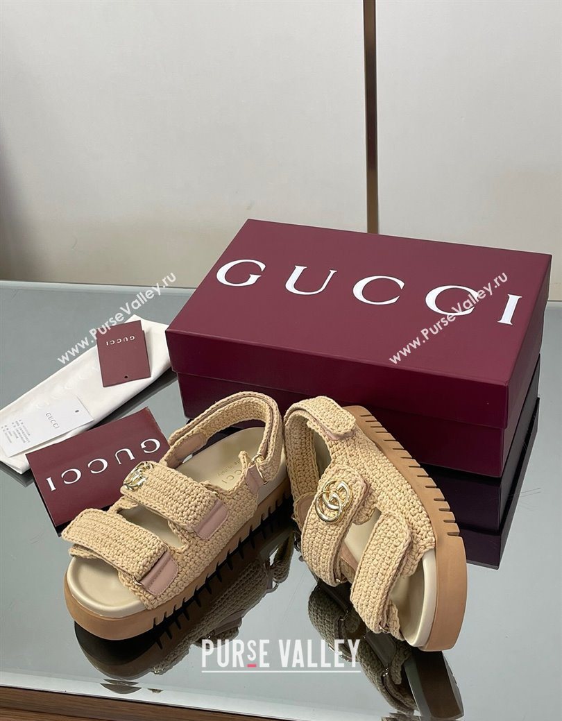 Gucci Cotton Crochet Strap Flat Sandals with Double G Beige 2025 ‎835086 (KL-250828148)