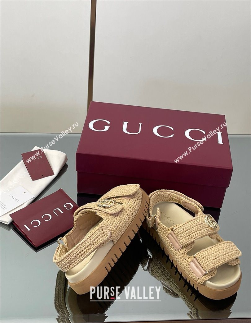 Gucci Cotton Crochet Strap Flat Sandals with Double G Beige 2025 ‎835086 (KL-250828148)