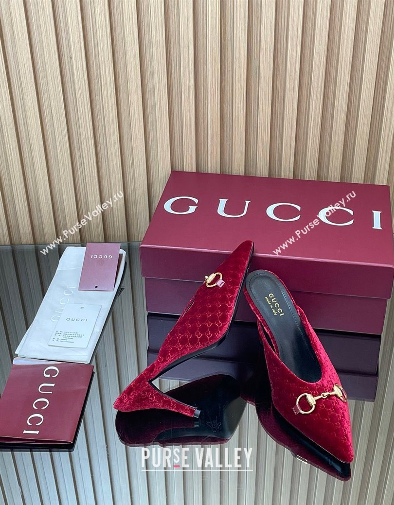 Gucci GG Velvet Heel Mules 8.5cm with Horsebit Red 2025 ‎835739 (MD-250828062)