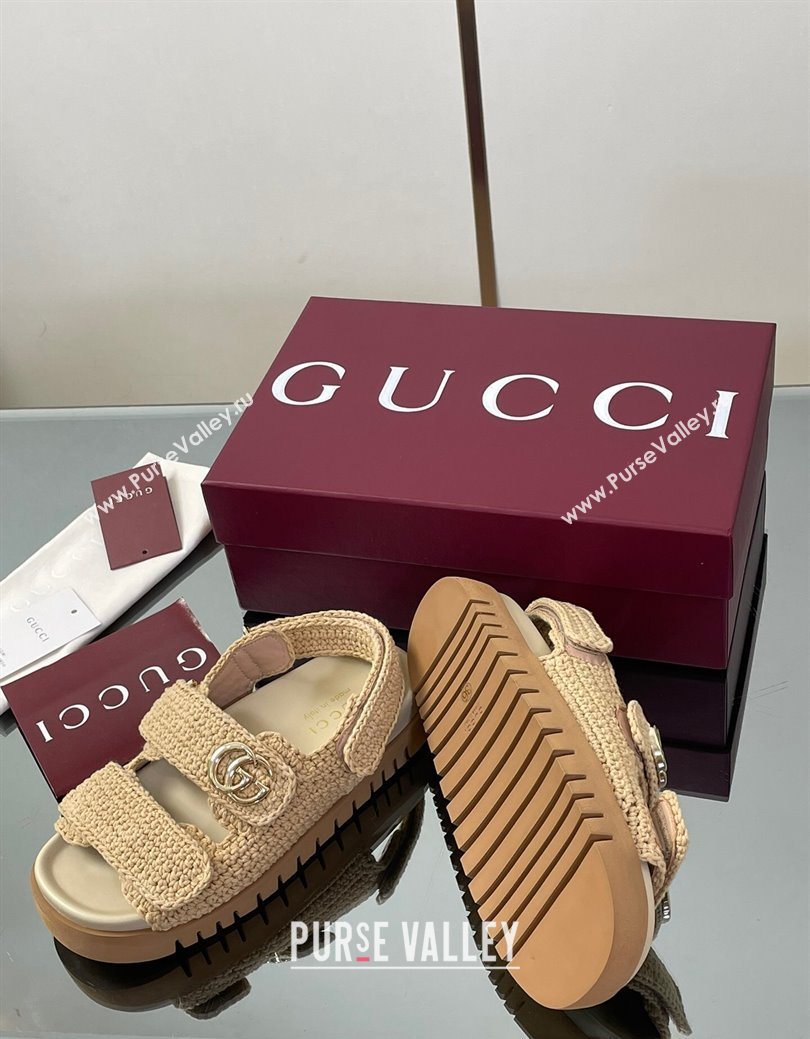 Gucci Cotton Crochet Strap Flat Sandals with Double G Beige 2025 ‎835086 (KL-250828148)
